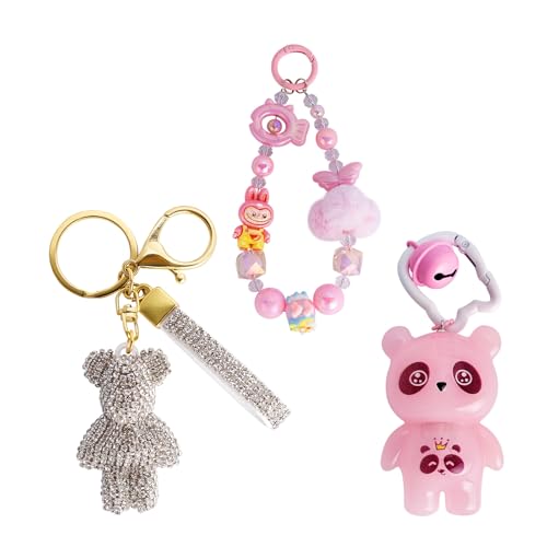 Bag Charms Pendant Keychain Set: Bling Teddy Bear Bag Charm, Lighting Panda Keychain, Beaded Phone Strap - Cute Cartoon Gift Box Series for Girls, Teens and Women (Kawaii Accessories)