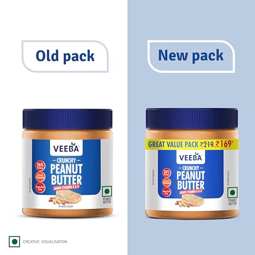 Image of Veeba Peanut Butter Crunchy | High Protein | Naturally Gluten Free | Vegan | No Added Preservatives | Added Calcium, Iron, Vitamin A & D | No Added Colour & Flavour | Non GMO | 320 g (Pack of 2)