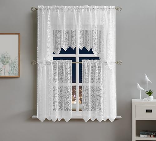 Warm Home Designs 3 Piece White Kitchen Window Curtains Bundle Includes 2 24 Inch Tiers & Swag Valance. Leaf Kitchen Curtains Set for Leave Decor. Rib White Set 24