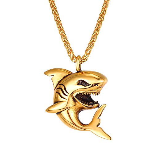 U7 Stainless Steel Shark Necklaces,18K Gold Plated Dolphin/Swordfish/Shark Pendant Necklace,Punk Mens Jewelry 1.Shark-18K Gold