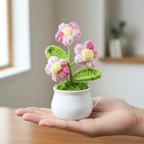 Image of SATYAM KRAFT 1 Pcs Artificial Crochet Flower /Artificial Daisy Flowers /Crochet Bouquet for Girls Home Decor Gifting Car Dashboard Office Bedroom (Flower with Pot)