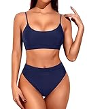 Tempt Me Women Navy Blue High Waisted Bikini Set Athletic Two Piece Swimsuits Sporty High Cut Bathing Suit with Scoop Neck M