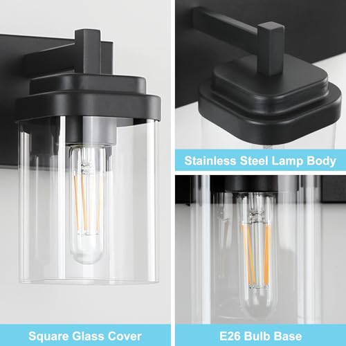 Image of SineRise Vanity Light Fixture,3-Light Vanity Light for Bathroom,Matte Black Bathroom Vanity Lighting Over Mirror with Square Clear Glass Shade for Restroom