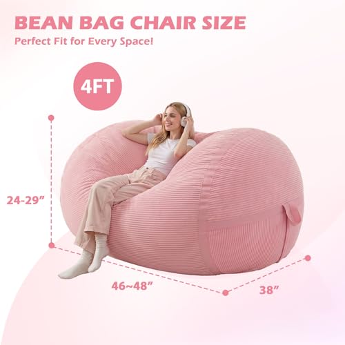 Image of 4FT Bean Bag Chair 4'Big Bean Bag Chairs with Adults, Large Beanbag Chair | Bean bag Lounger with Machine Washable Cover Corduroy Fabric, Comfy Chairs for Living Room Bedroom Dorm, Pink