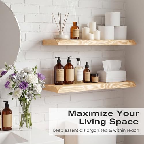 Image of 23.6 Inch Wood Floating Shelves for Wall, Set of 2 Heavy-Duty Wall Shelves with Sturdy Natural Wood Construction, Space-Saving Organizer for Bathroom, Bedroom, Living Room, Kitchen, and Office