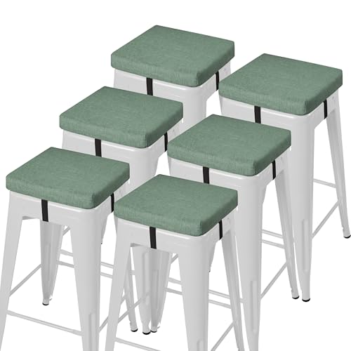 Image of AddGrace Anti-Slip Bar Stool Cushions Square Bar Stool Seat Cushions with Ties Set of 6 Small Square Chair Pads with Machine Washable Cover 12 inchX12 inchX2 inch (Sage Green)