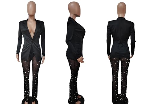 Tbahhir Sexy Blazers Suits for Women 2 Piece Outfits Long Sleeve Blazer and Mesh Sheer Pants Sets Clubwear Party4