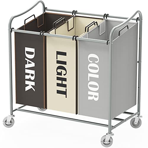 Simplehouseware Heavy Duty 3-Bag Laundry Sorter Rolling Cart, Silver/Assorted Bags #TOP24