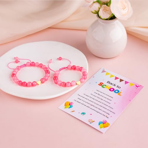 Image of Mommy and Me Preschool Pre-K First Day of School Bracelet Mother Daughter Matching Beaded Heart Bracelets Set Back to School Jewelry Gifts
