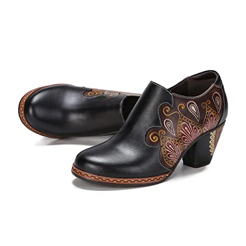 CrazycatZ Leather Pumps,Womens Colorful Vintage Block Heel Shoes Pumps3