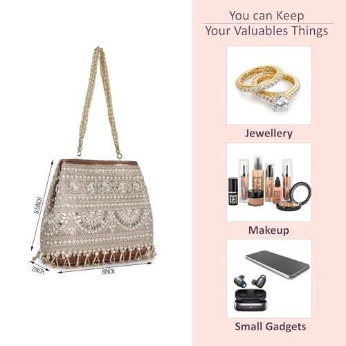 Image of Nevis Stylish Embroidery Unique Design Traditional Wedding Party Handheld Potli Bag For Women (ROSE GOLD)