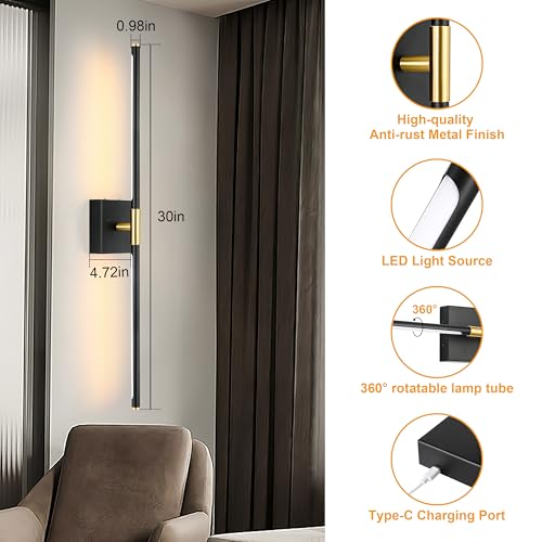Image of 10000mAh Battery Operated Wall Sconces Set of 2, 3 Color Dimmable Rechargeable Wall Light with Remote, 30 Inch Black Gold Wireless Sconces Wall Decor with Timer Function for Living Room, Bedroom, TV