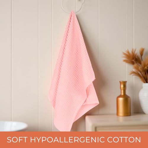 Image of HAMELIN The Ezra Waffle Hand Towel | Pure Cotton Lightweight Anti Microbial & Water Absorbent | Softer Touch Quick Drying Towels | Durable & Long Lasting | Pink | 70 cm x 43 cm | Pack of 1