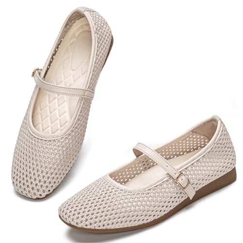 Image of Buyrew Women's Mary Jane Flats Breathable Mesh Square Toe Ballet Flats with Arch Support Washable Non Slip Casual Dress Shoes for Work Office