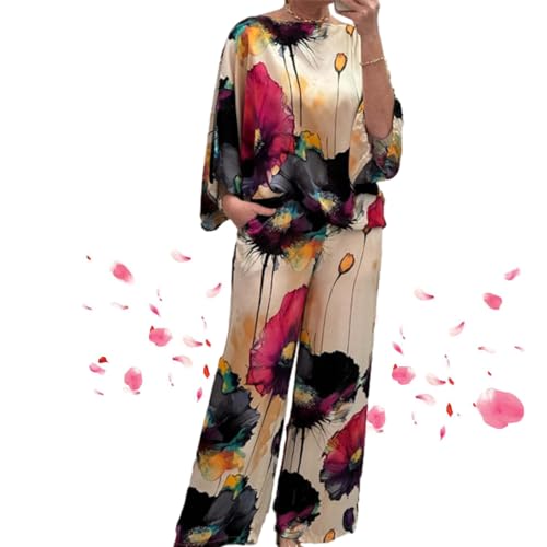 Casual Crew Neck Printed Satin Suit for Women,One-Shoulder Neck Loose Bat Sleeve Top Wide-Leg Trousers Pants Sets