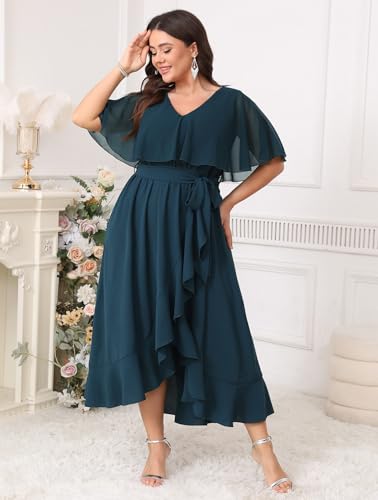 Image of Women Plus Size Long Formal Dress Short Sleeve Chiffon Ruffle V Neck High Low Split Wedding Guest Maxi Dresses