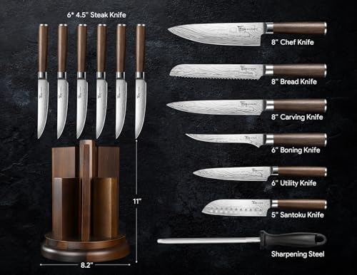 SYOKAMI Kitchen Knife Set with Magnetic Block and Sharpener 14 Piece Knife Set 360° Rotatable Holder Ultra Sharp High Carbon Stainless Steel Knives Sets with Steak Knives, Christmas gift