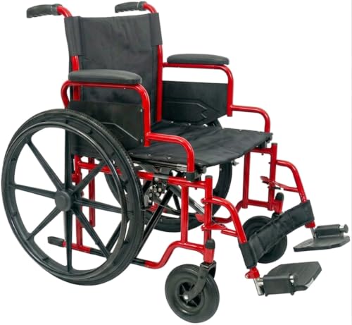 Health Mart | 18-Inch Foldable Manual Wheelchair | Heavy-Duty Chrome Steel Frame 120kg Capacity 18-Inch Seat Width Solid Flat-Free Wheels Indoor & Outdoor Mobility Red