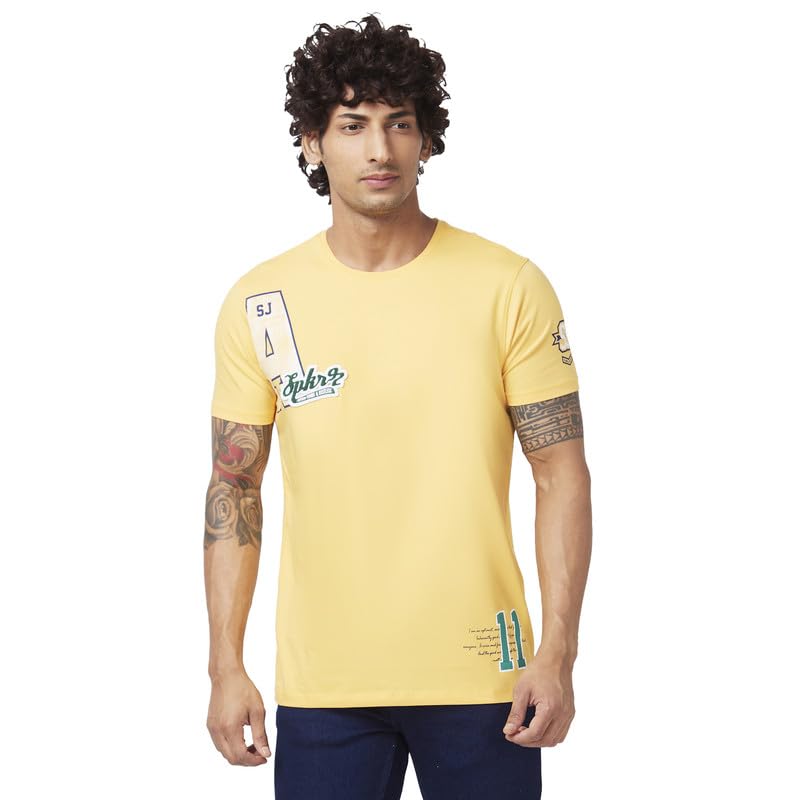 spykar Men Amber Yellow Blended Slim Fit Half Sleeve Round Neck Printed Tshirt-picture-10