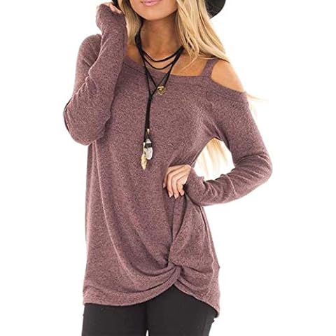 AELSON Women's Cold Shoulder Long Sleeve Shirts Front Twist Knot Casual Tunic Tops Brick-red Cover