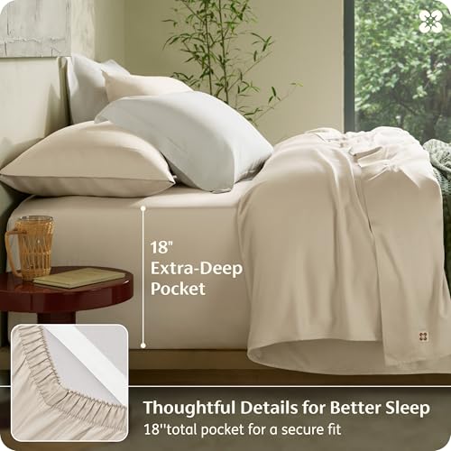 Image of Bedsure 100% Organically Grown Bamboo Viscose King Size Sheets Set | Cooling Bedsheets for Hot Sleepers | Luxury Silky Soft | 18 inch Deep Pocket with Corner Straps | Oeko-Tex Certified [Beige]