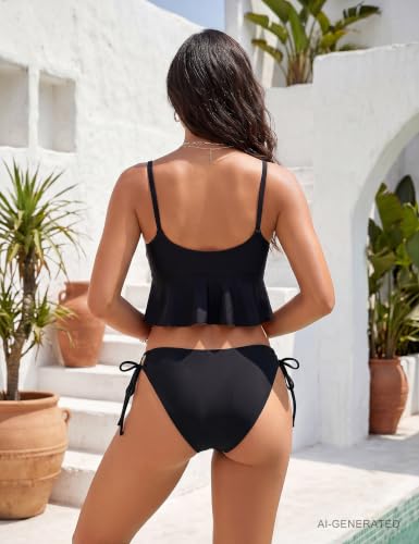 Image of Blooming Jelly Womens Cute Bikini Sets Two Piece Swimsuits Mid Rise Ruffle Trim String Bathing Suit