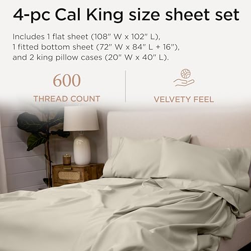 Image of Threadmill California King Sheet Sets | 600 Thread Count Cal King Bed Sheets Set with 16 inch Deep Pocket | Sateen Weave 4-Piece Bedding Set with Cooling Effect | Taupe