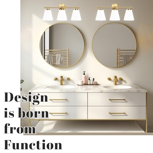 Image of Hamilyeah Gold Bathroom Vanity Light Fixtures Over Mirror, 3 Light Vanity Lights with Frosted Glass, Industrial Vanity Lighting Fixtures for Bath, Restroom