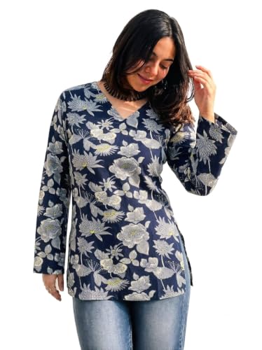 Image of Women Rayon Printed Short Kurti for Women | Floral V Neck Short Kurta Top | Full Sleeve Casual Kurti for Girls & Women
