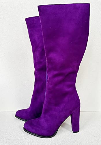 Frankie Hsu Ladies Girls Sexy Unisex Chunky Block Knee High Middle Heeled Wide Calf Long Boots, Purple Suede Style, Big Large Size US4-14 Fringe Cowgirl Shoes For Women Men3