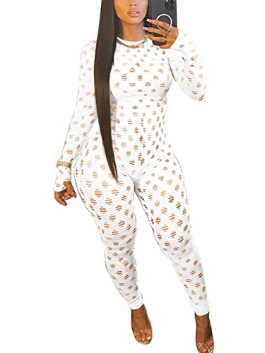 Mojessy Jumpsuits for Women Sexy - Hollow Out See Through Long Sleeve Bodycon Jumper Outfits Club Outfits Large White