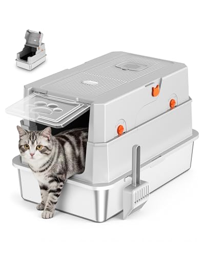 Lettiera Gatto Acciaio Inox, Lettiera Gatto Chiusa Grande XXL, Lettiere per Gatti con Paletta, Toilette per Gatti con Coperchio, Antiodore, Facile da Pulire, Antiaderente e Spaziosa