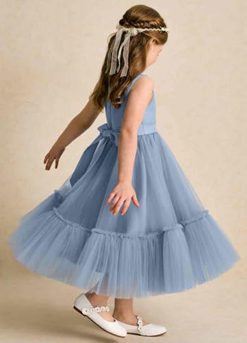 A-Line Princess Tea-Length Satin Bodice Ruffled Tulle Skirt Flower Girl Scoop Neck Pageant Junior Bridesmaid Dresses4