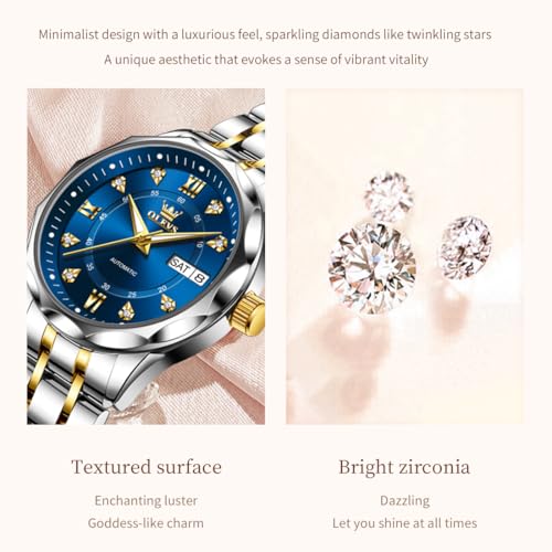 Image of OLEVS Womens Diamond Watches Automatic Mechanical Gold Luxury Dress Ladies Self Winding Original Stainless Steel Wrist Watch