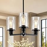 Litaddscen 3-Light Chandeliers for Dining Room, Modern Black Farmhouse Chandelier Light Fixtures Over Table with Glass Shade, Height Adjustable Pendant Hanging Lights for Kitchen Island Living Room