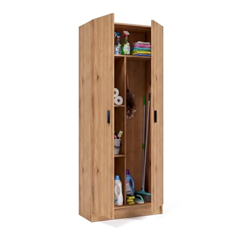 Organiza tu casa con este armario multiusos. Ideal para guardar todo lo que necesitas en un espacio funcional y accesible. Su diseño combina almacenamiento y zona vertical para escobas y utensilios. Fabricado en melamina resistente, es perfecto para cualquier rincón de tu hogar.