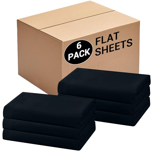 Bulk Full Flat Sheets Only 6 Pack Quick Sort Top Bed Sheet Color-Coded Label Threads Wrinkle-Free Shrinkage Durable Microfiber Hotel Motel Airb&bs Essentials for Hosts (81x96 Black)