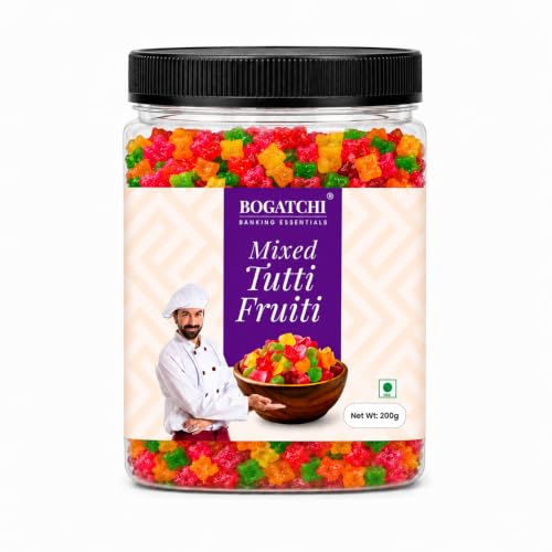 Image of BOGATCHI Mixed Tutti Frutti 200g | Multicolor Candied Fruit Bits for Cake Decoration, Ice Cream, Cookies, Muffins & Desserts | Fresh Fruit Topping for Baking & Garnishing | Includes Free Measuring Spoon
