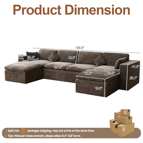 Image of 146''Cloud Boneless Sectional Couch, Modular Sectional Sofa Deep Seat with 2 Ottomans, Oversized Upholstered Convertible Comfy 6 Seater Chenille Sofa U Shape Couches for Living Room, Brown