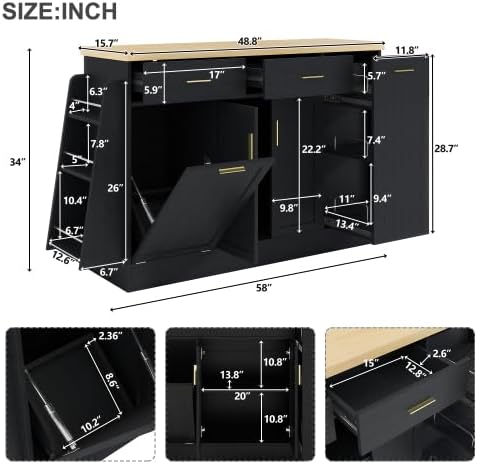 Bellemave Sideboard Buffet Cabinet with Drawers & Adjustable Shelves, Modern Kitchen Pantry with Tilt Out Trash Can, Coffee Bar Station with 3-Tier Pull-Out Rack for Dining Room, Kitchen (Black/58)