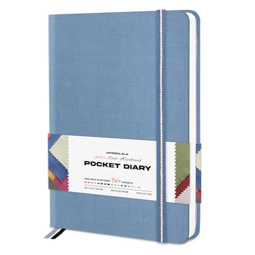 Image of Jhingalala Diaries - Fabric Cover Hardbound Pocket Journal Notebook I Fabric Series Journal Diary For Girls and Women I Pocket Diary With Elastic Closure I Size A6 I 192 Ruled Pages (Fade Blue)