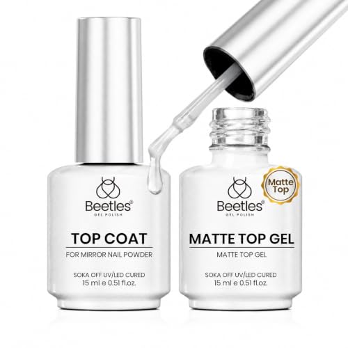 Image of Beetles Gel Top Coat for Chrome Nail Powder, 15ml Chrome Top Coat,15ml Matte Top Coat with Red Green Mirror Chrome Powder Shiny Gloss No Wipe Long Lasting Soak Off Nail Lamp for Nails Art
