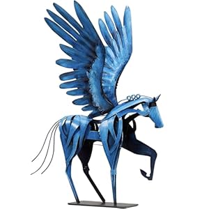 Horse Statue Décor Artwork, 24″ H Handmade Metal Pegasus Greek Flying Horse Sculpture, Hand-Painted Animal Figurines for Home Living Room Office (Vintage Blue with Wings)
