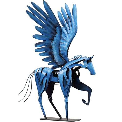 Horse Statue Décor Artwork, 24" H Handmade Metal Pegasus Greek Flying Horse Sculpture, Hand-Painted Animal Figurines for Home Living Room Office (Vintage Blue with Wings)