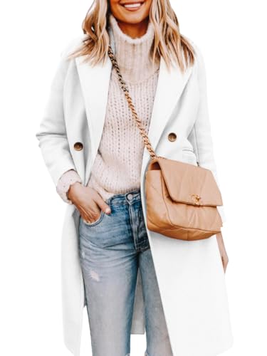 Yousify Women's Wool & Pea Coats Double Breasted White Coat Women Notched Lapel Collar Long Winter Trench Coats