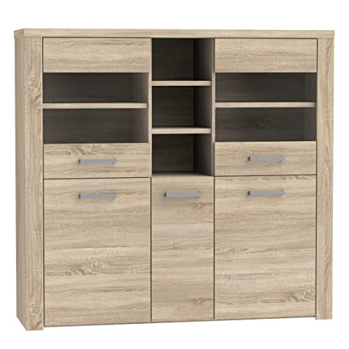 Newroom Vitrine Sonoma Eiche Vitrinenschrank Modern - 146,3x137,4x41,3 cm (BxHxT) - Glasvitrine Standvitrine Glasschrank - [Cosima.Four] Wohnzimmer Wohnstube Büro