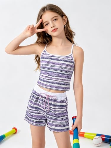 Image of Size 7-14Y Girls Clothes 2 Piece Outfits Striped Tank Top Drawstring Shorts Teen Girls Summer Clothing Sets