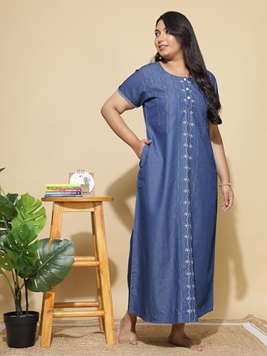 Image of 9shines Label Stylish Denim Cotton Nighty Maxi for Women | Full Length Trendy Nightgown | Premium Nightdress | Nightwear | Embroidery Nighty with Pocket (9SDS)