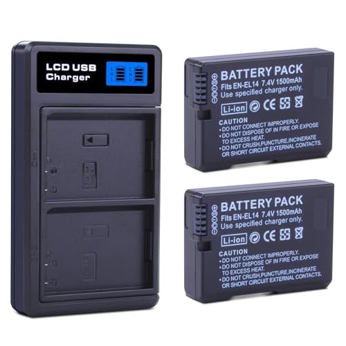 2-Pack EN-EL14 EN-EL14a Batteries with USB-C Dual Charger for Nikon D3100 D3200 D3300 D3400 D3500 D5100 D5200 D5300 D5500 D5600 DF Coolpix P7000 P7100 P7700 P7800 Cameras