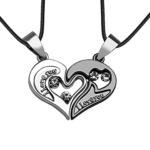 2Pcs Collar de Pareja, Acero Inoxidable Unidades Collar con Colgante de Puzle de Estrás, Corazón con Grabado I Love You, Pareja de Enamorados Regalo de San Valentín de Navidad Cumpleaños Cadena Cover